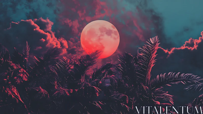 Neon moonrise above tropical palm silhouettes at dusk.