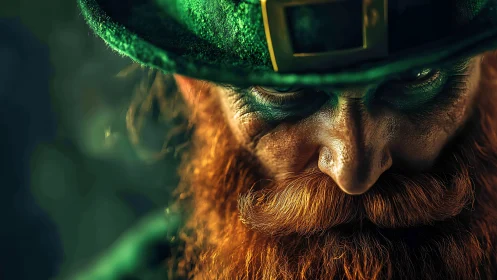 Glinting leprechaun gaze sharpens beneath emerald shadow