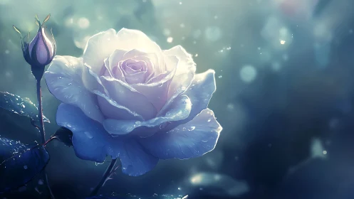 Purple and White Rose with Dewdrops in Soft Bokeh Light.
