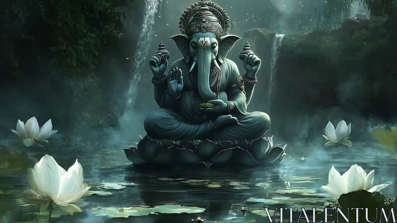 Ganesh statue sits on lotus above misty forest pond