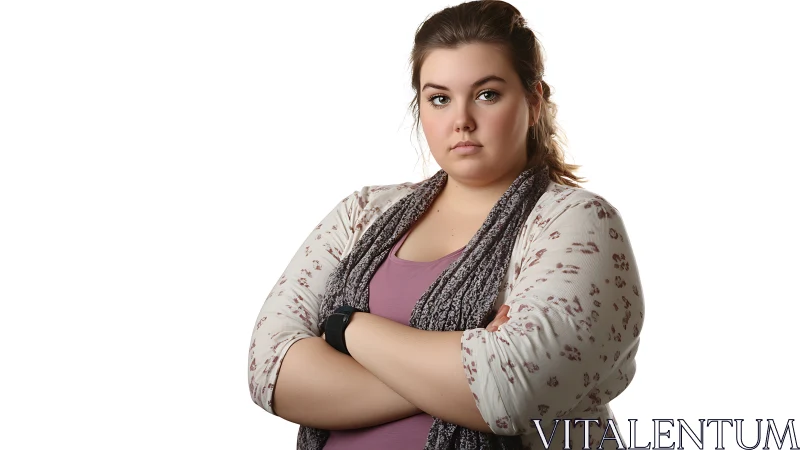 Confident Woman with Folded Arms in Studio Portrait Style.