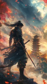 Stormlit ronin overlooks ember skies and distant pagoda.