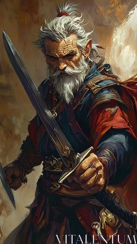 Steel-tough elder storms forward, twin blades burning bright