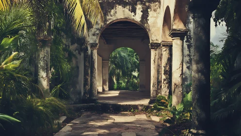 Sunlit stone arcade frames lush overgrown tropical courtyard