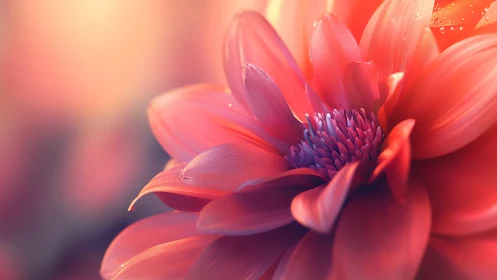 Macro photograph of coral-pink dahlia with layered petals and warm sunlight