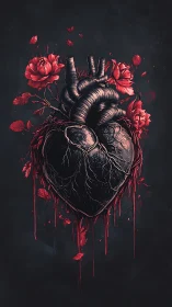 Anatomical heart with rose flowers and blood drips on dark background