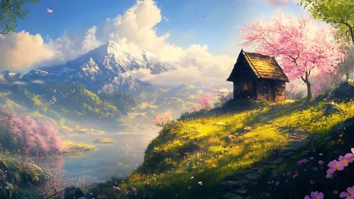 Mountain lake landscape with cabin and blooming trees.