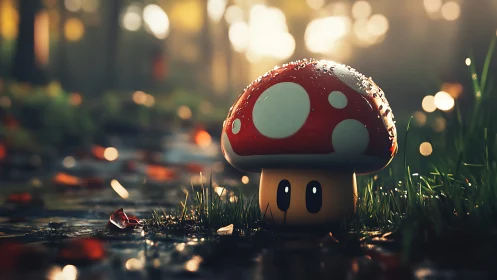 Cartoon mushroom figure on wet forest floor at sunrise.
