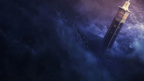 Oblique minaret monolith amid volumetric twilight haze.