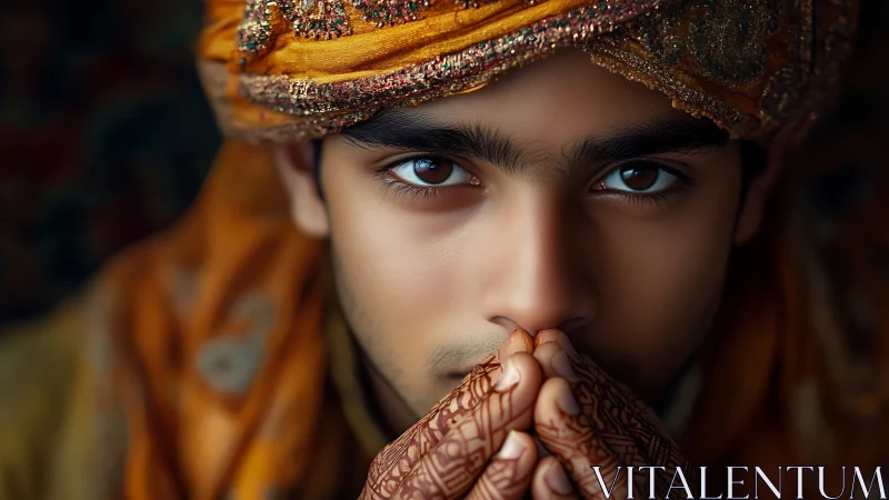Young man in ornate turban with henna covered hands.