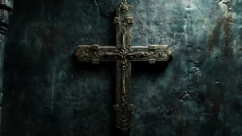Aged metal cross resting quietly on a weathered wall.