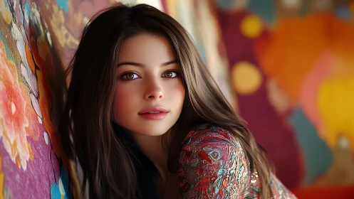 Warm portrait beside bright floral mural in cozy light.