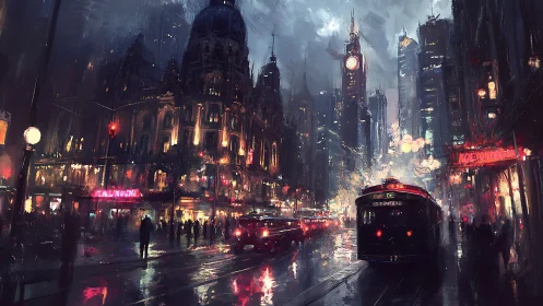 Rain-soaked nocturnal city street with tram and neon lights.