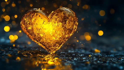 Golden Heart Water Sculpture with Luminous Bokeh.