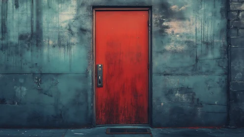Weathered red door set in moody teal urban concrete wall.