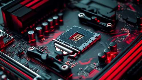Motherboard CPU socket with red accent lighting and components