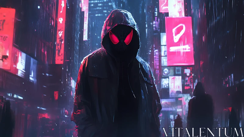 Hooded neon vigilante in rain-soaked cyber-urban alleyway.