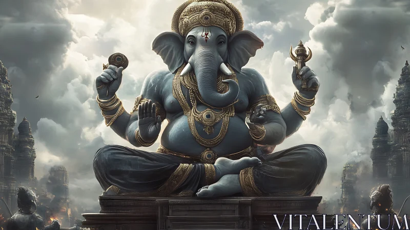 Majestic elephant deity idol amid stormlit temple skyline.