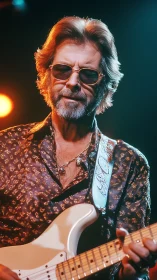 Cool guitarist in sunglasses enjoys playing live on stage