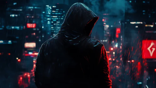 Hooded figure stands in neon rain above a brooding city street
