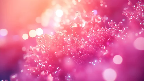 Pink macro bokeh with dewdrops in soft glowing light.