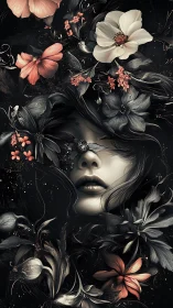 Surreal floral portrait integrating female face with dark foliage