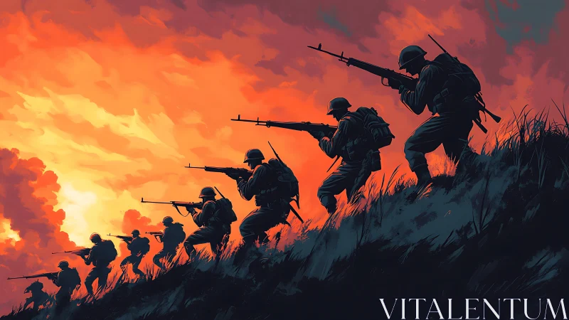 Soldiers advance uphill under burning orange war sky.
