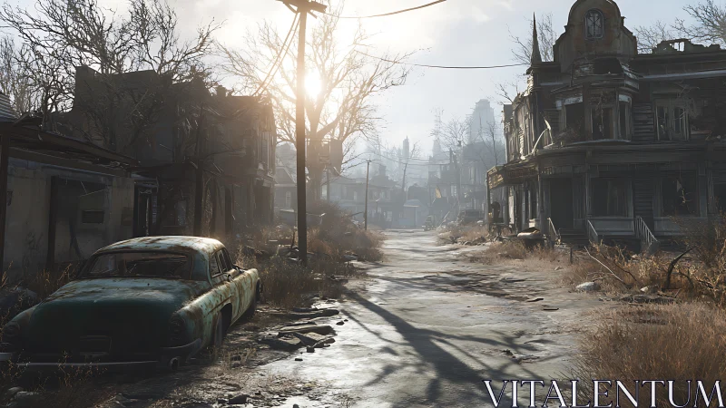 Sun-bitten ruins and rusted sedan on a forsaken street.