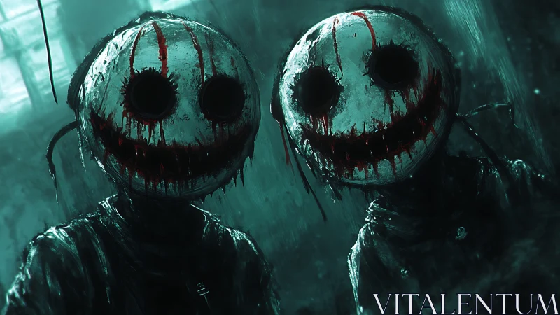 Bloodstained doll masks glare through teal industrial rain.