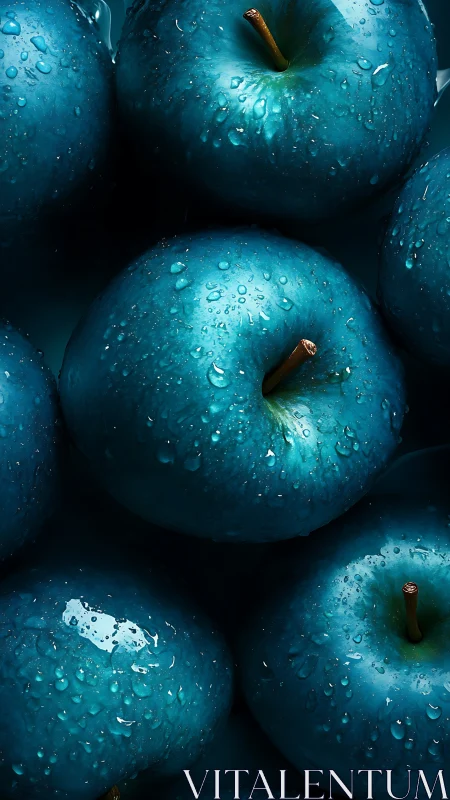 Cool blue apples glisten softly with fresh morning droplets