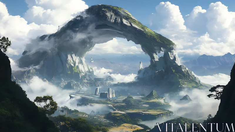 Gentle sky arch sheltering a peaceful fantasy valley.