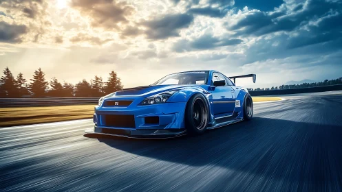 Blue track car chasing golden sunset on open racetrack.