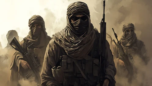 Mysterious desert figures advancing through swirling dust.