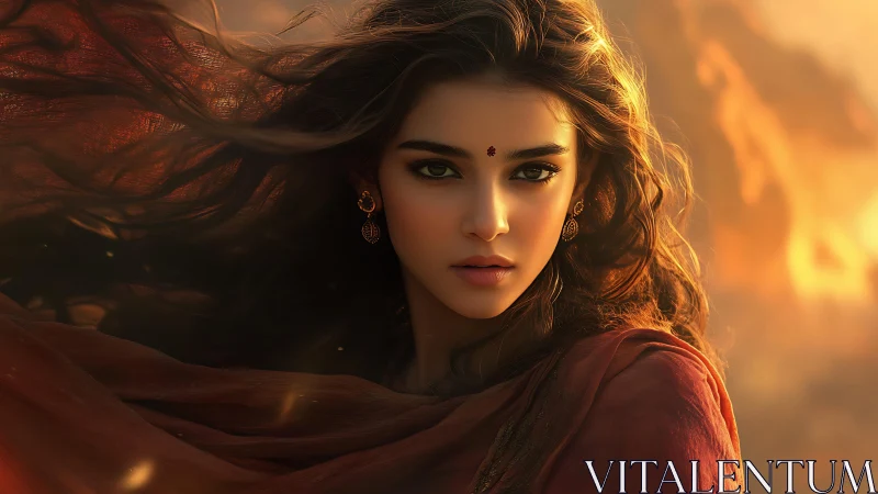 Woman in warm sunset lighting with windblown dark hair