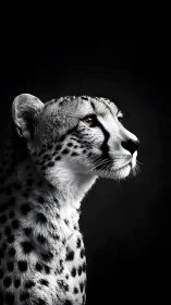 Profiled cheetah portrait in dramatic monochrome light.
