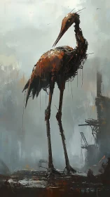 Rusted mechanical heron stands over bleak industrial ruin.