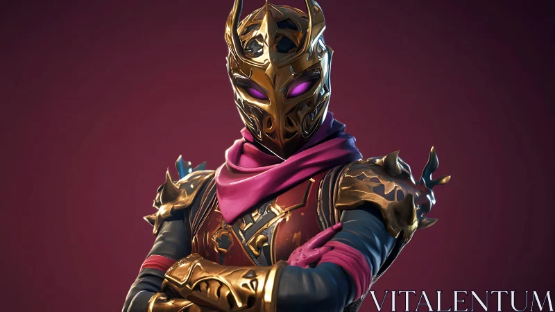 Regal masked warrior in glowing gold and magenta armor.
