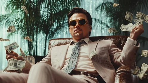 Velvet throne tycoon bathing in slow motion money storm.