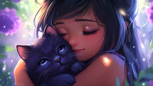 Soft evening glow wraps a gentle girl and her cuddly cat