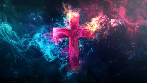 Digital neon cross in chromatic smoke field composition.
