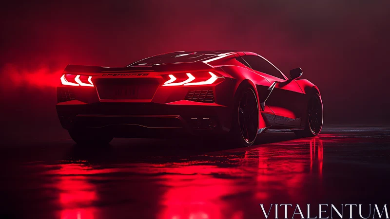 Scarlet supercar rear view in cinematic neon red haze.