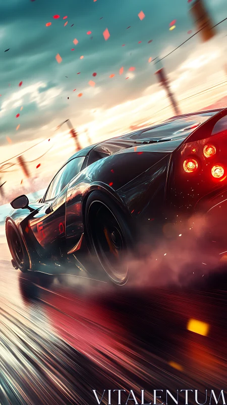 Sleek hypercar powers through neon-soaked wet racetrack.