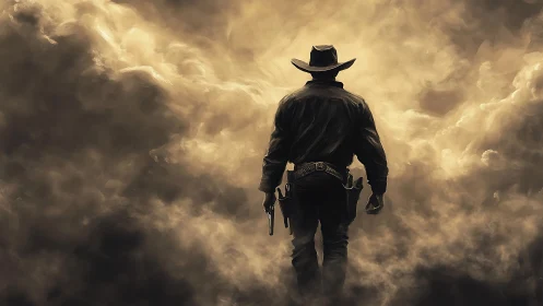 Backlit gunslinger silhouette strides into turbulent sepia storm