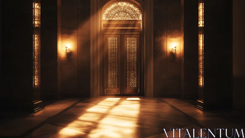 Sunlit doorway carves molten geometry across marble silence