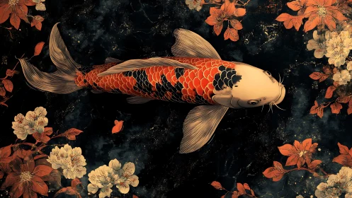 Golden koi drifts through dark florals in tranquil elegance