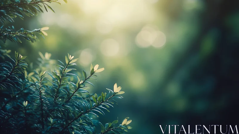 Sunlit green foliage with soft bokeh background in nature scene.