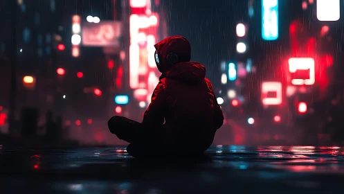 Solitary hooded figure in neon city rain, vivid bokeh glow.