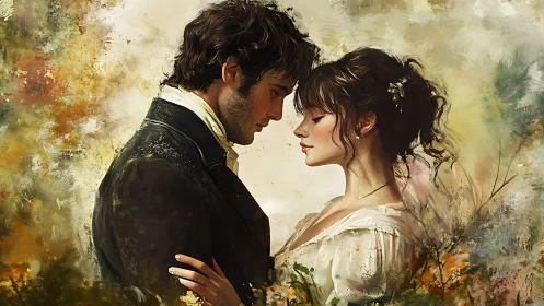 Romantic Period Portrait: Digital Oil Study of Intimate Proximity