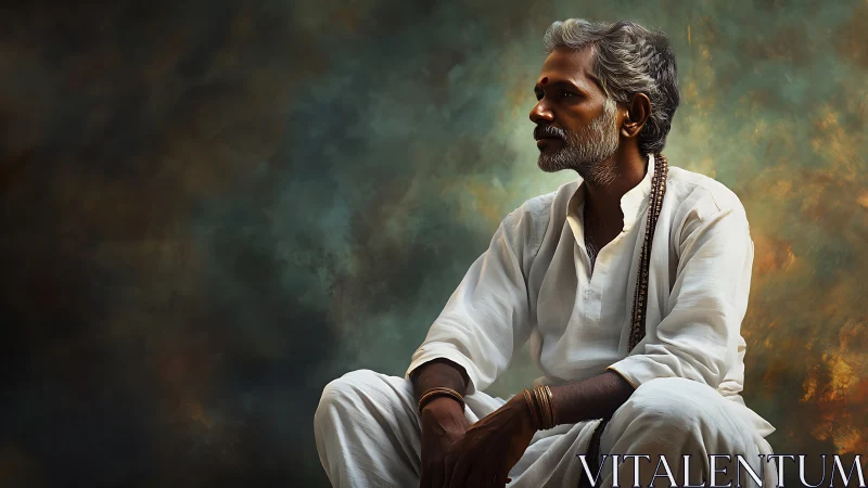 Seated elder in white kurta rendered with painterly chiaroscuro lighting