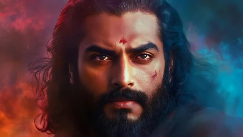 Intense bearded warrior portrait in warm and cool light.